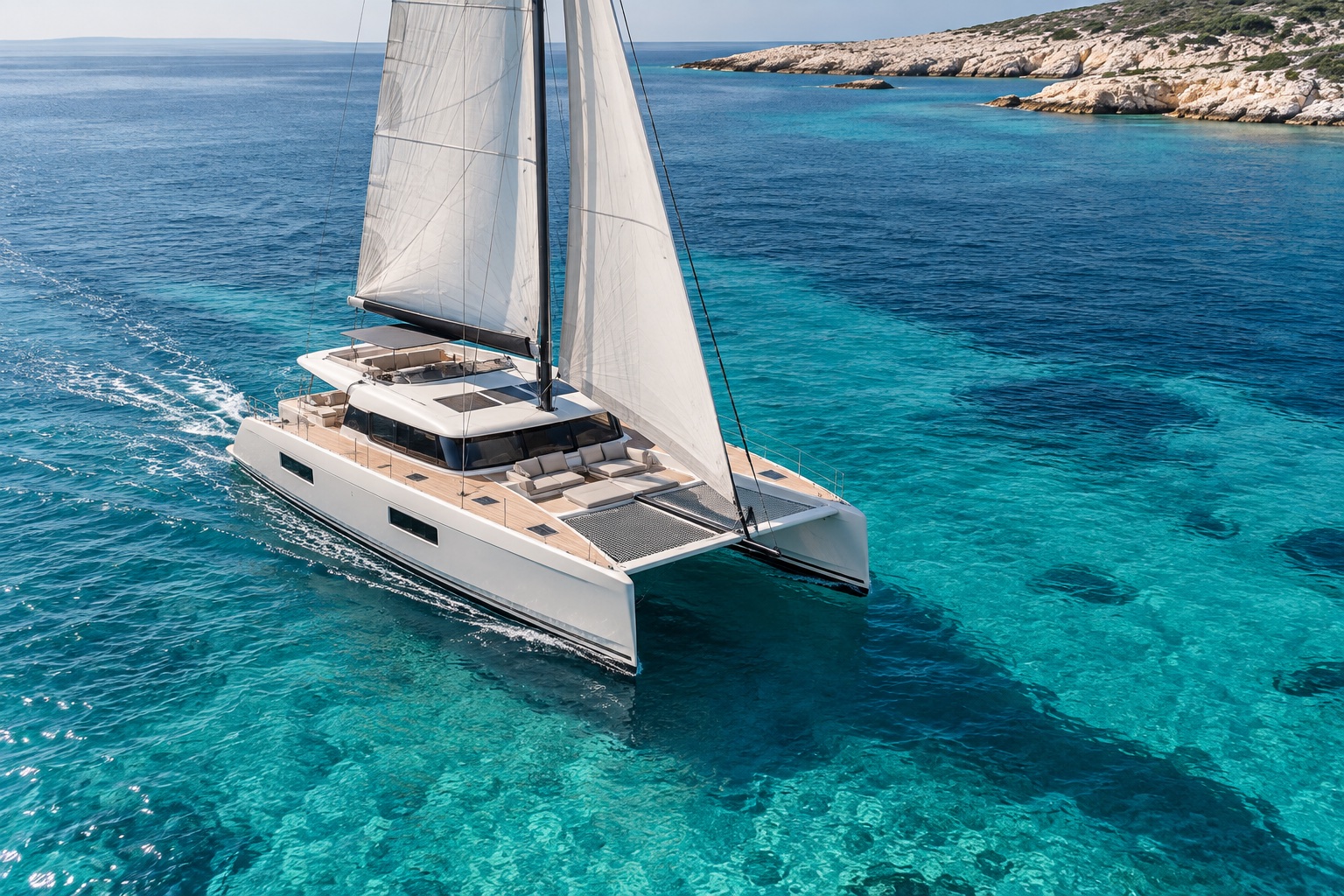 Sailing catamaran crossing clear Mediterranean water