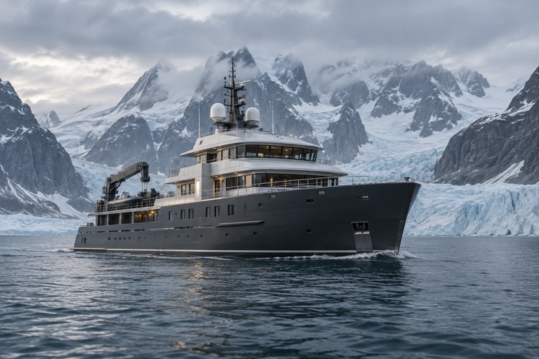 Ice-class explorer yacht navigating a remote high-latitude fjord