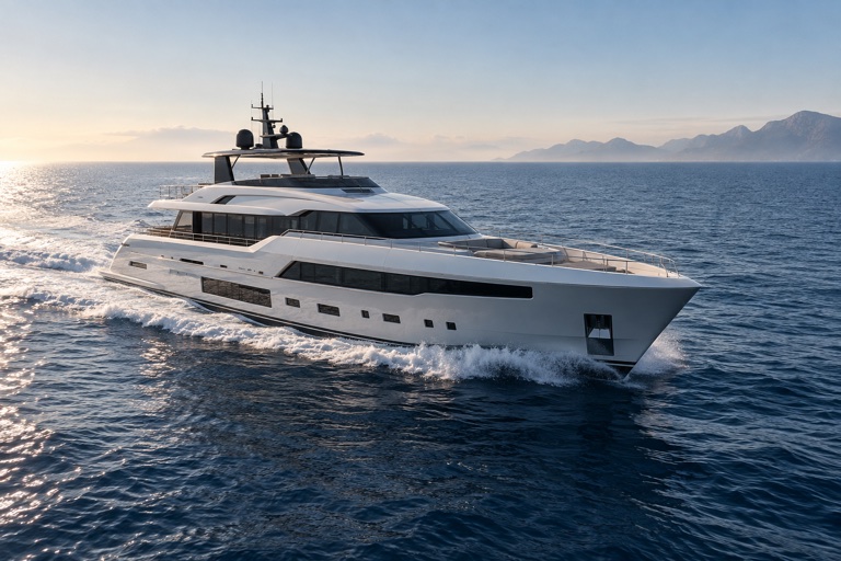 Contemporary flybridge motor yacht cruising across open Mediterranean water